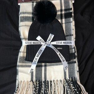 Steve Madden Black Beanie and Checkered Scarf Set